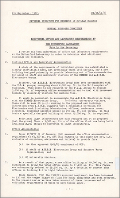 NI/GP/62/26 Additional office and laboratory requirements at the Rutherford Laboratory (nearly 20,000 sq ft office and laboratory space required; includes note from Stafford, ?4 September 1962)