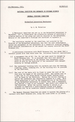 NI/GP/63/5 Rutherford Laboratory Restaurant (Selection of a commercial catering company for management of the Restaurant, 4 February 1963)