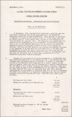 NI/GP/63/13 Rutherford Laboratory Electronics and Office Building (Outline and estimates costs for two buildings, 29 April 1963)