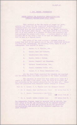 PSPC/P48 Tender summary for electrical installation work Contract CON/HAR/3A3495 (Firms tendering plus discussion, recommendation to accept FH Wheeler Ltd, 20 May 1959)