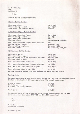 Data on bubble chamber operations (Note from M Snowden, Technology Division, 11 February 1977)