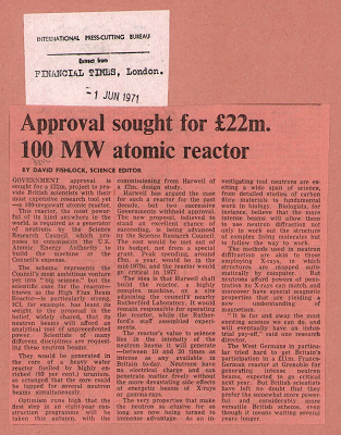 Approval sought for £22M 100 MW atomic reactor (Article for the Financial Times by David Fishlock, 1 June 1971)